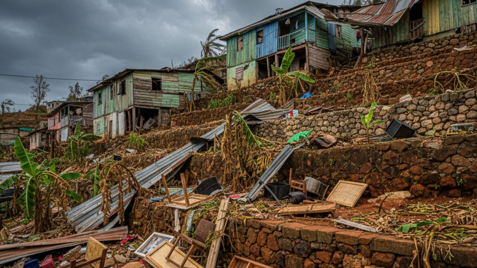Jamaican hillside community with hurricane damage and debris on terraced slopes