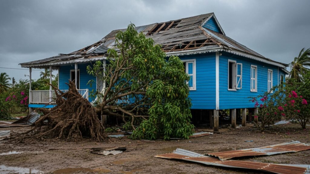 Blue wooden Jamaican stilt house with hurricane-damaged zinc roof and fallen mango tree against building