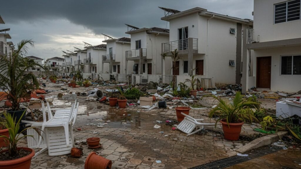 Modern Jamaican housing development with hurricane damage and debris on walkways