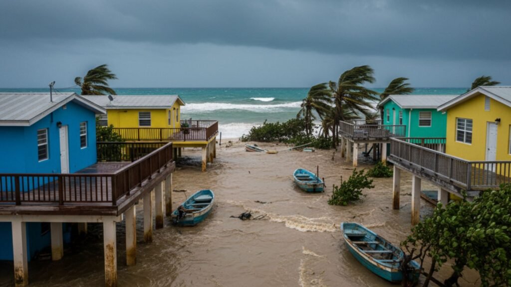 Jamaica coastal homes on elevated decks surrounded by storm surge flooding with boats on shore
