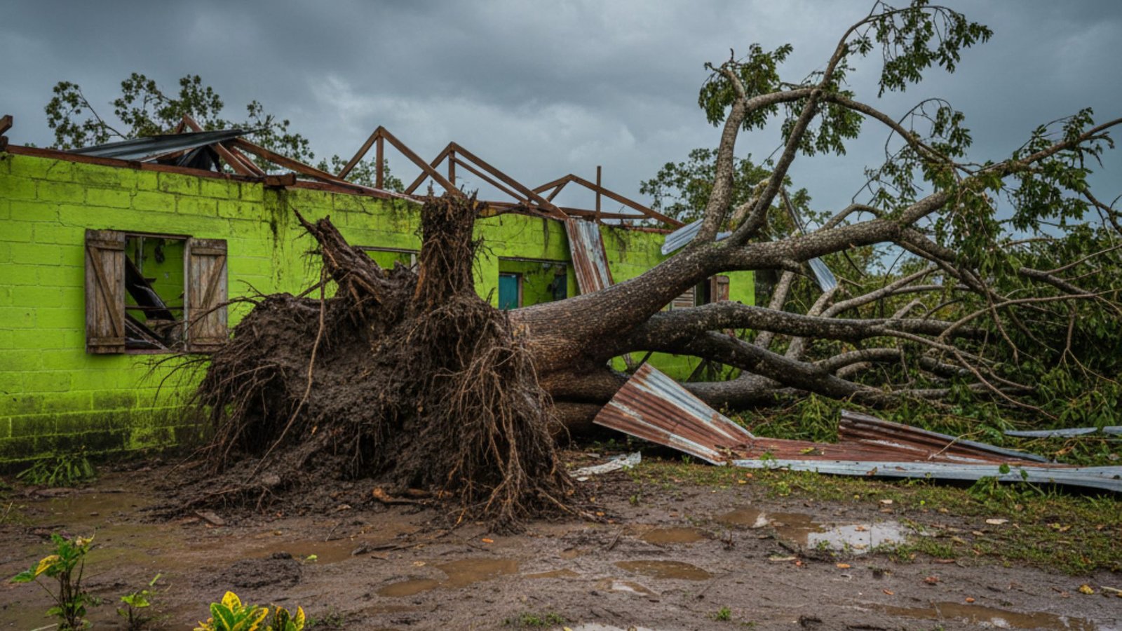 Lime green concrete Jamaican house with missing roof sections and split breadfruit tree blocking driveway