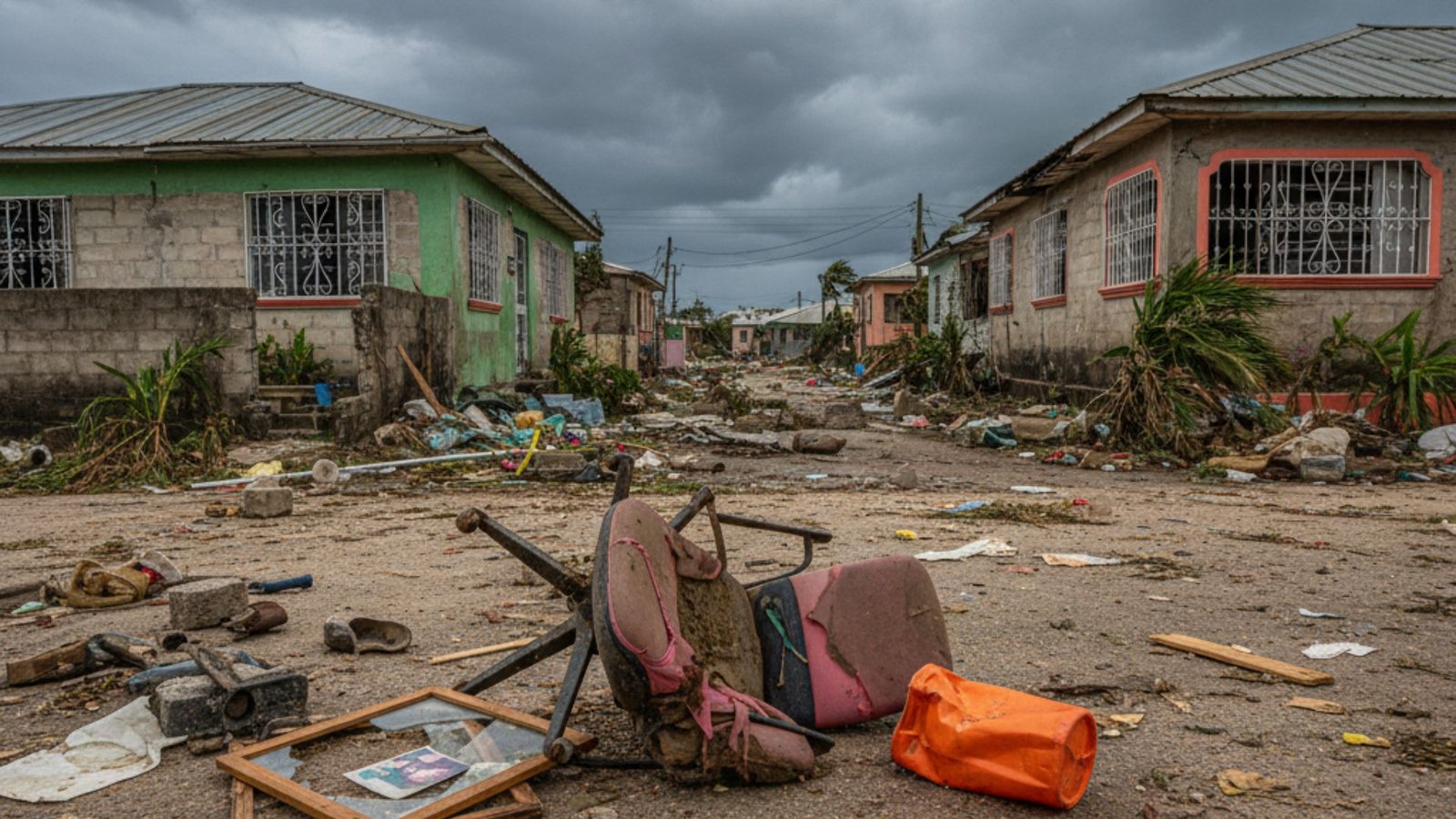 Storm-damaged Jamaican residential area with debris scattered across road after disaster