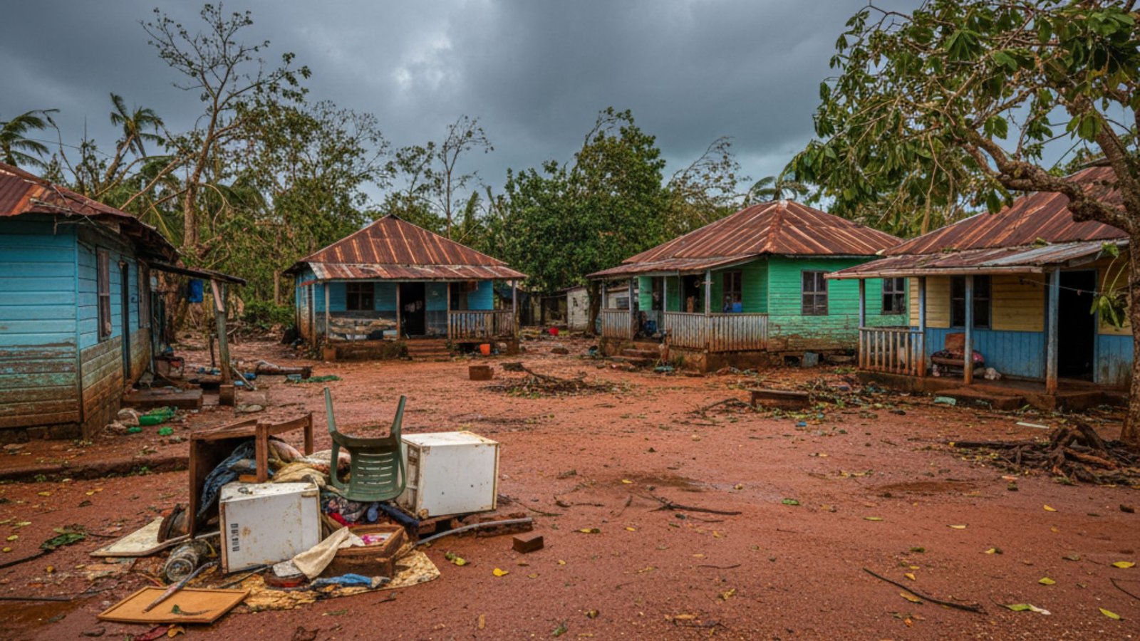 Jamaican family compound with storm damage and debris in shared courtyard