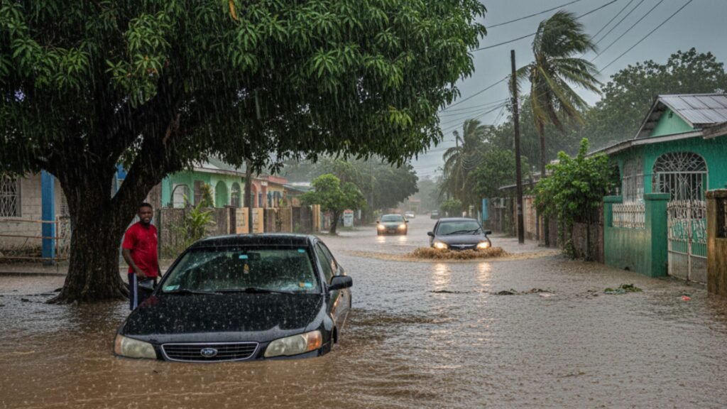Cars driving through flood waters on Jamaica residential street during storm with person sheltering under tree