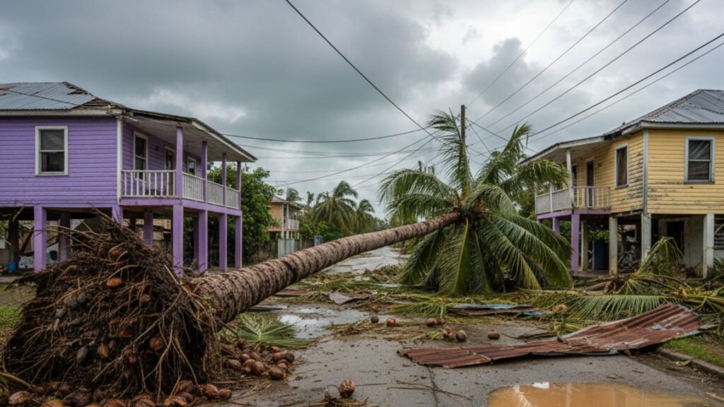 Massive fallen royal palm tree completely blocking narrow residential street in Jamaica after hurricane