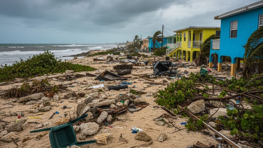 Jamaican beachfront homes with hurricane damage and debris from storm surge