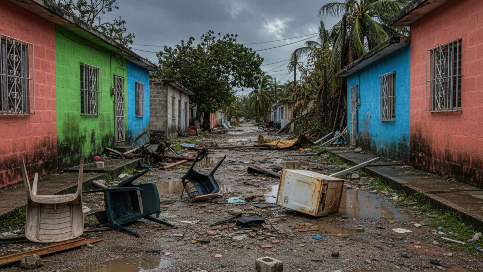 Jamaican residential street with storm debris and flood damage to homes