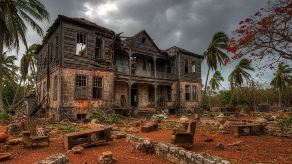 Historic Jamaican great house with hurricane damage and antique furniture scattered on grounds