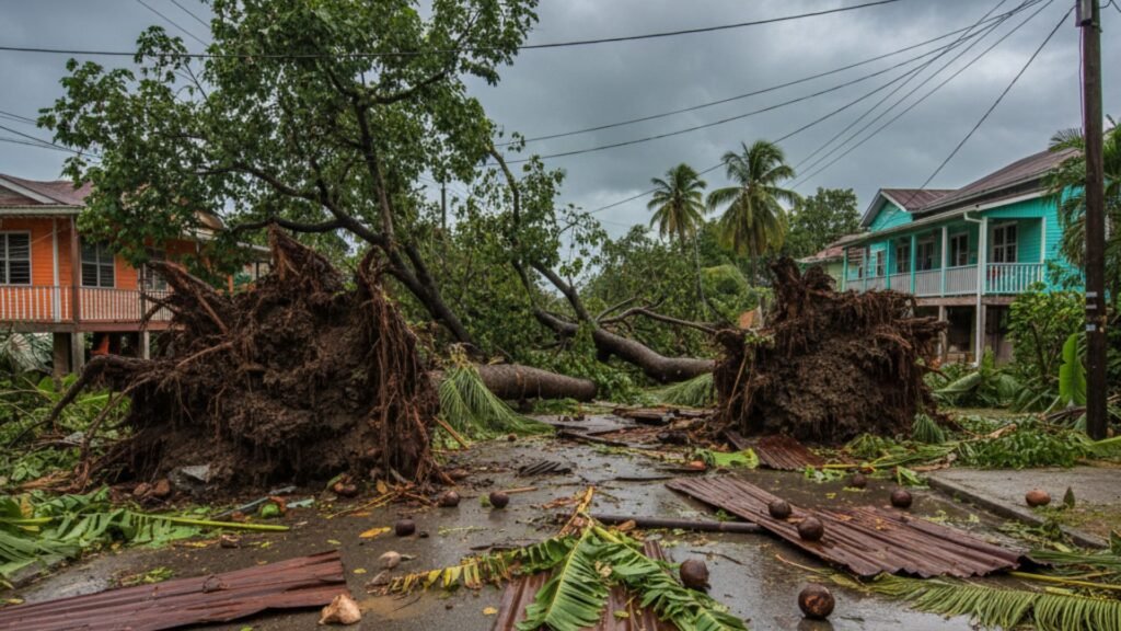 Multiple fallen trees completely blocking Jamaican residential street with downed power lines and scattered debris
