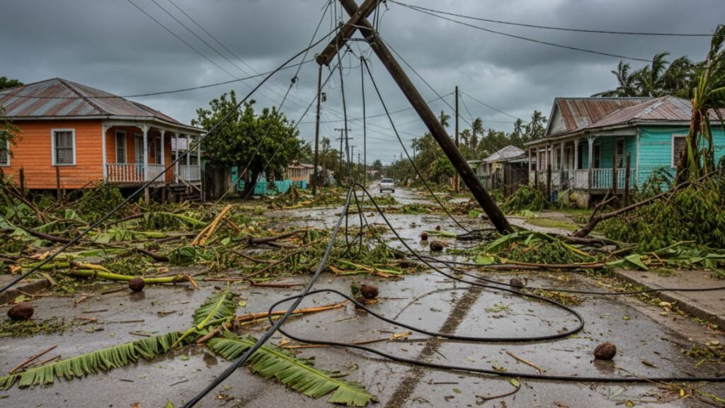 Downed power lines and snapped electrical pole on wet Jamaican residential street after hurricane storm