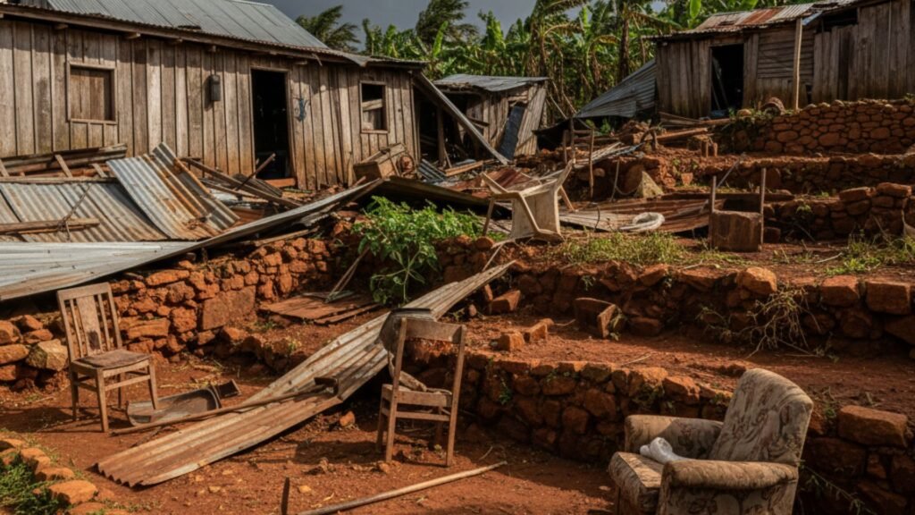 Traditional Jamaican rural homestead with multiple storm-damaged buildings and scattered debris