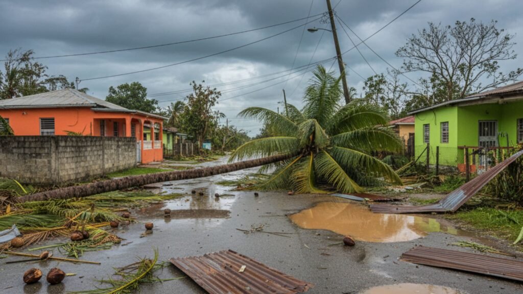 Coconut palm tree fallen across Jamaican residential street with scattered roofing and leaning electrical pole