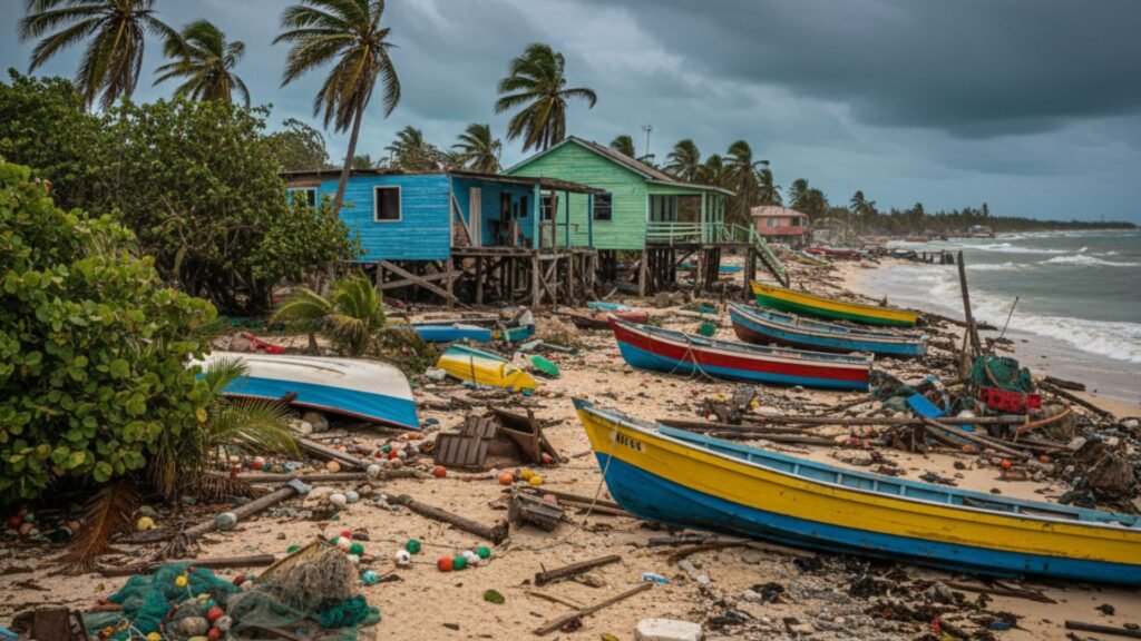 Jamaican fishing village with storm-damaged boats and coastal homes near shoreline