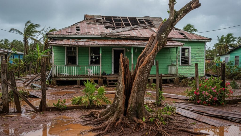 Green wooden Jamaican house with damaged zinc roof and split breadfruit tree in muddy storm-damaged yard