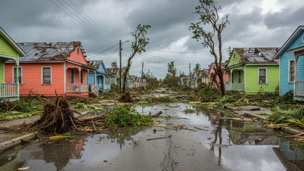 Storm-damaged Jamaican residential neighborhood with multiple houses missing roof sections and debris-filled street