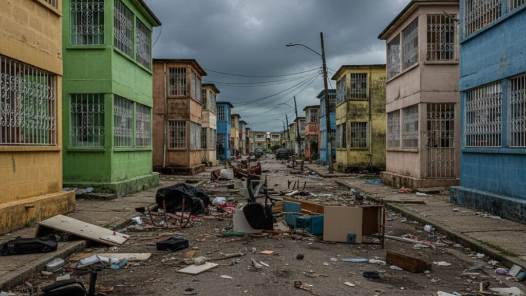 Urban Jamaican neighborhood with storm-damaged buildings and street debris