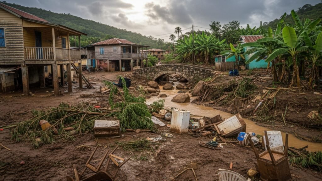 Jamaican valley community with flood damage and debris scattered through settlement