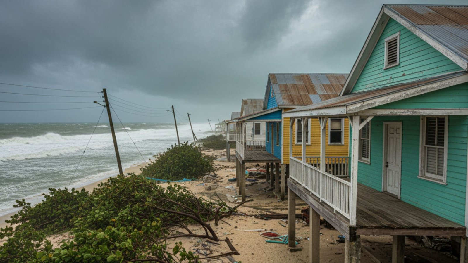 Elevated colorful Jamaican houses on stilts during coastal storm with rough seas