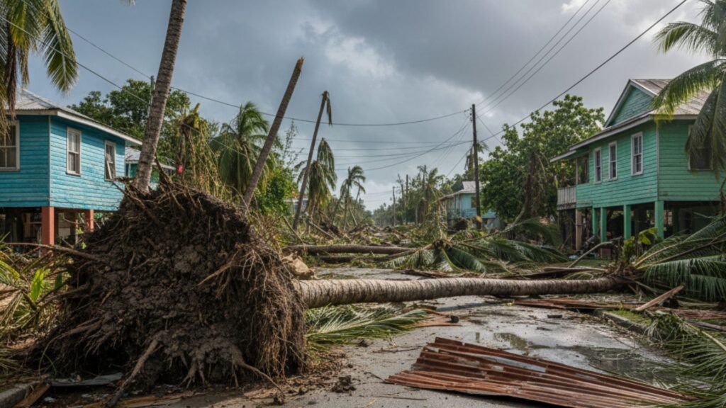 Multiple fallen coconut palm trees blocking residential street in Jamaica with scattered zinc roofing and debris