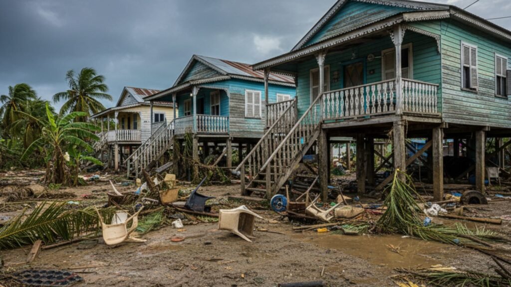Elevated Jamaican village homes with flood damage and debris underneath structures