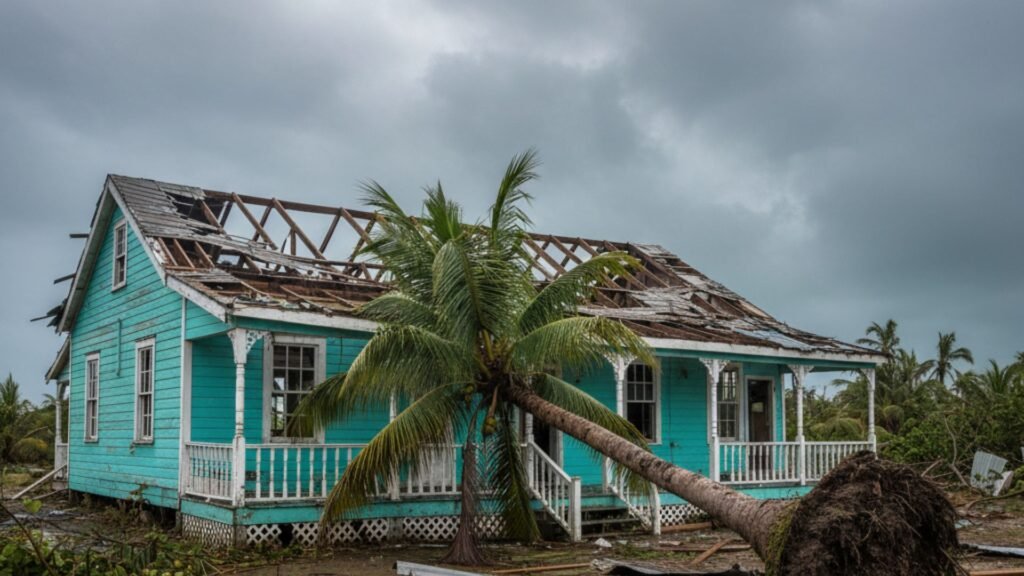 Turquoise wooden Jamaican coastal house with tornado zinc roof damage and fallen Royal palm tree