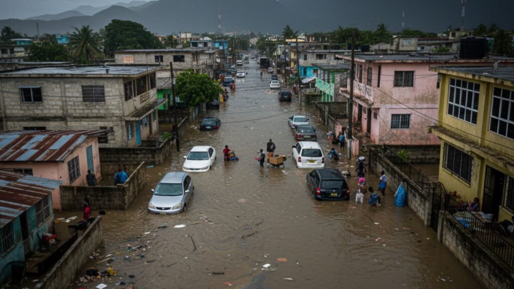 Kingston Jamaica residential street flooding with stuck vehicles and people evacuating homes