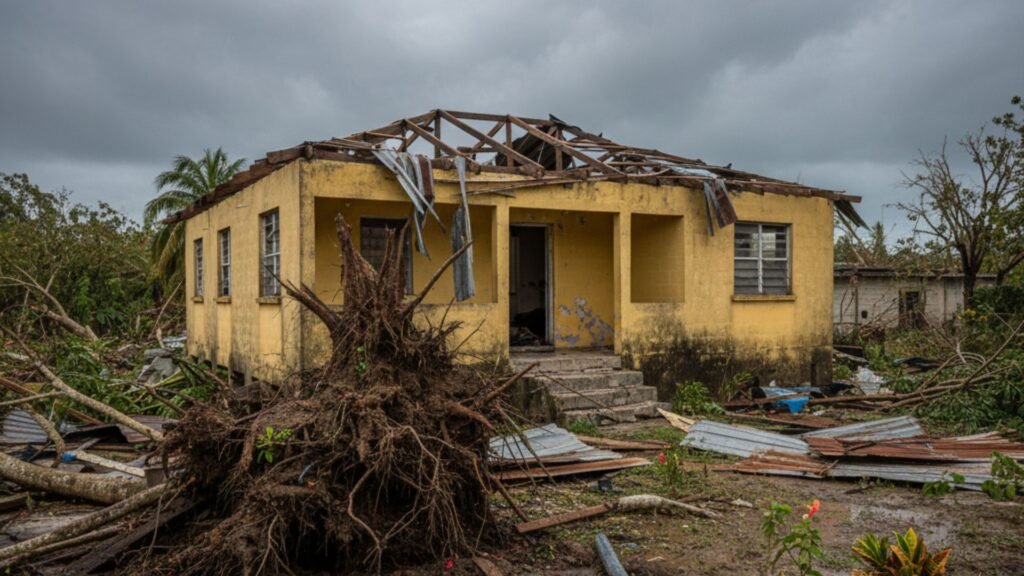 Yellow concrete Jamaican house with severely damaged missing zinc roof sections and uprooted ackee tree