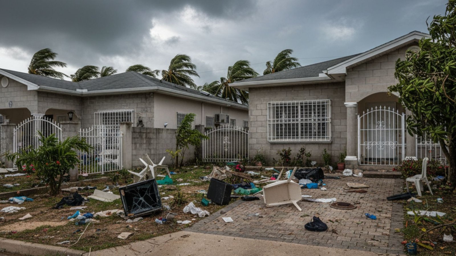 Modern Jamaican suburban homes with storm damage and debris in driveways