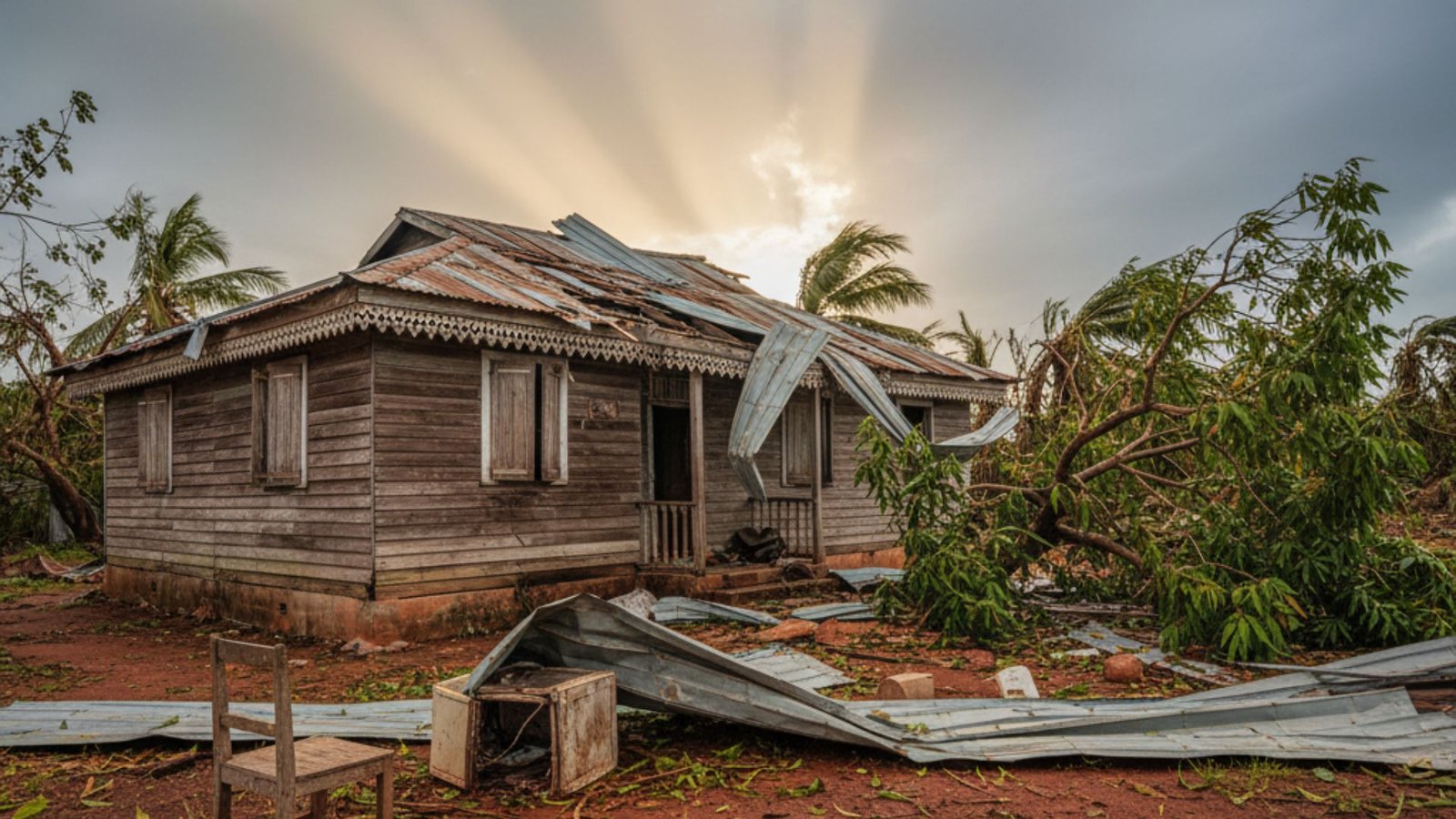 Rural Jamaican home with hurricane damage and debris scattered in yard