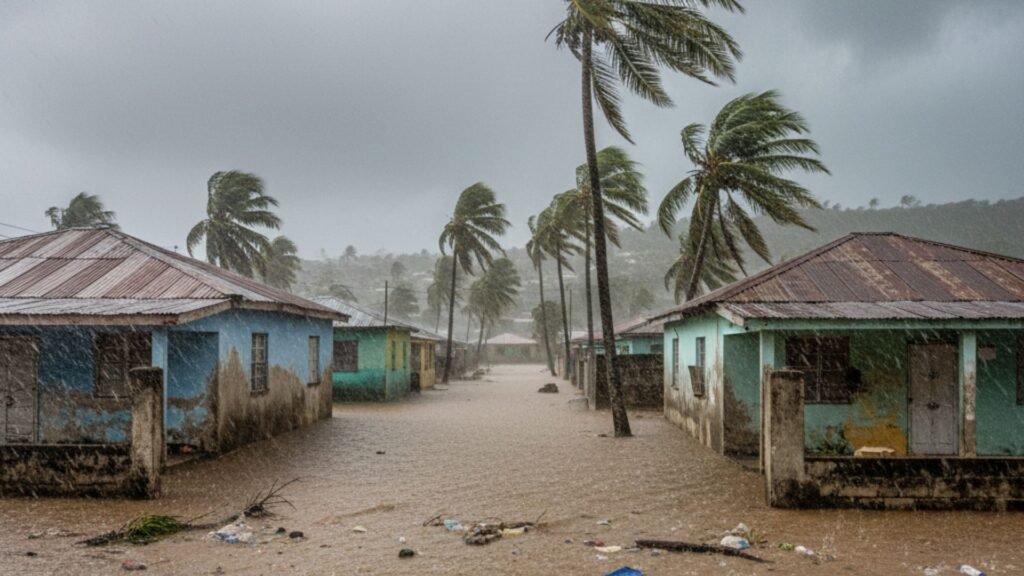 Flooded Jamaica residential street with traditional homes and palm trees during heavy storm