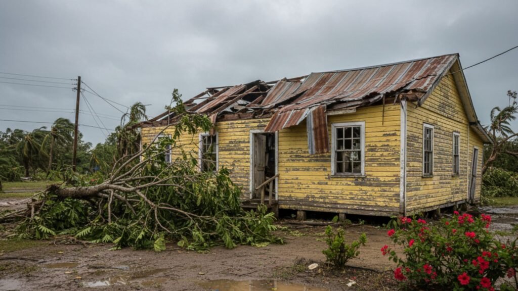 Hurricane-damaged yellow wooden house in Jamaica with torn zinc roof and fallen breadfruit tree in yard