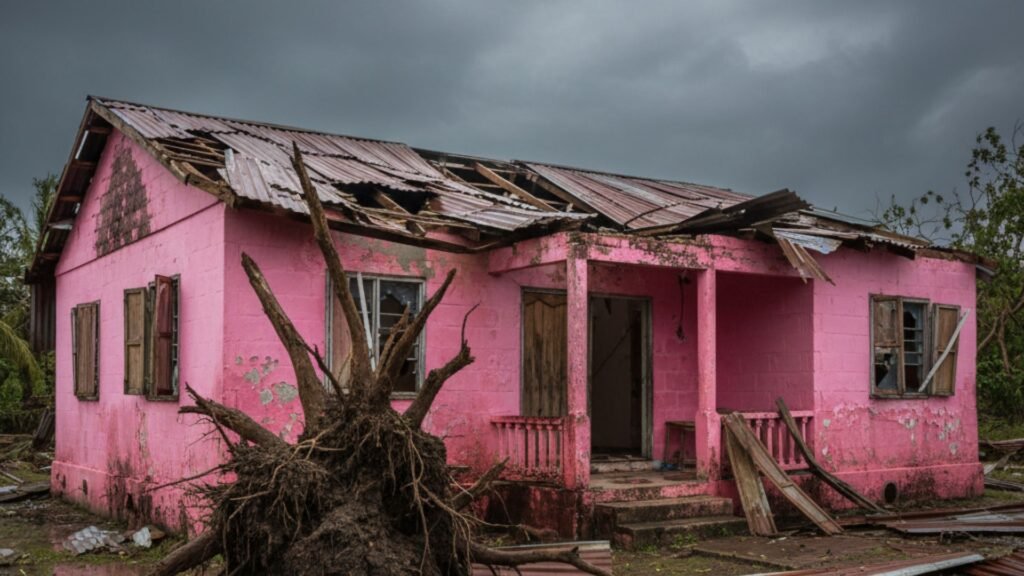 Pink concrete block Jamaican house with severely damaged roof and uprooted mango tree after hurricane