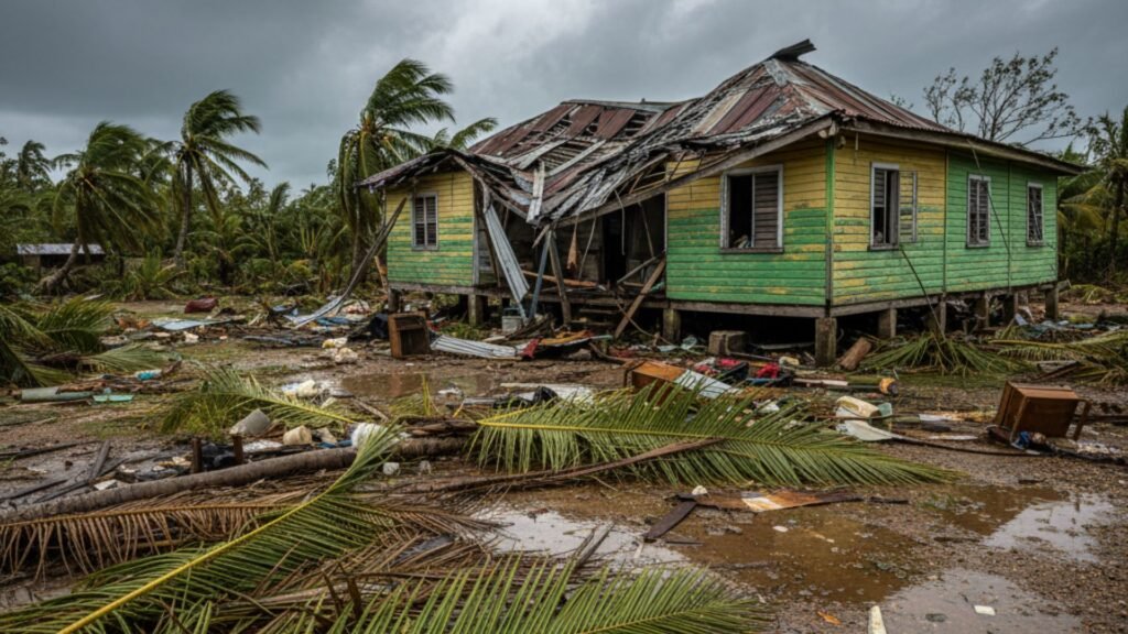 Traditional Jamaican cottage with storm damage and debris scattered in yard